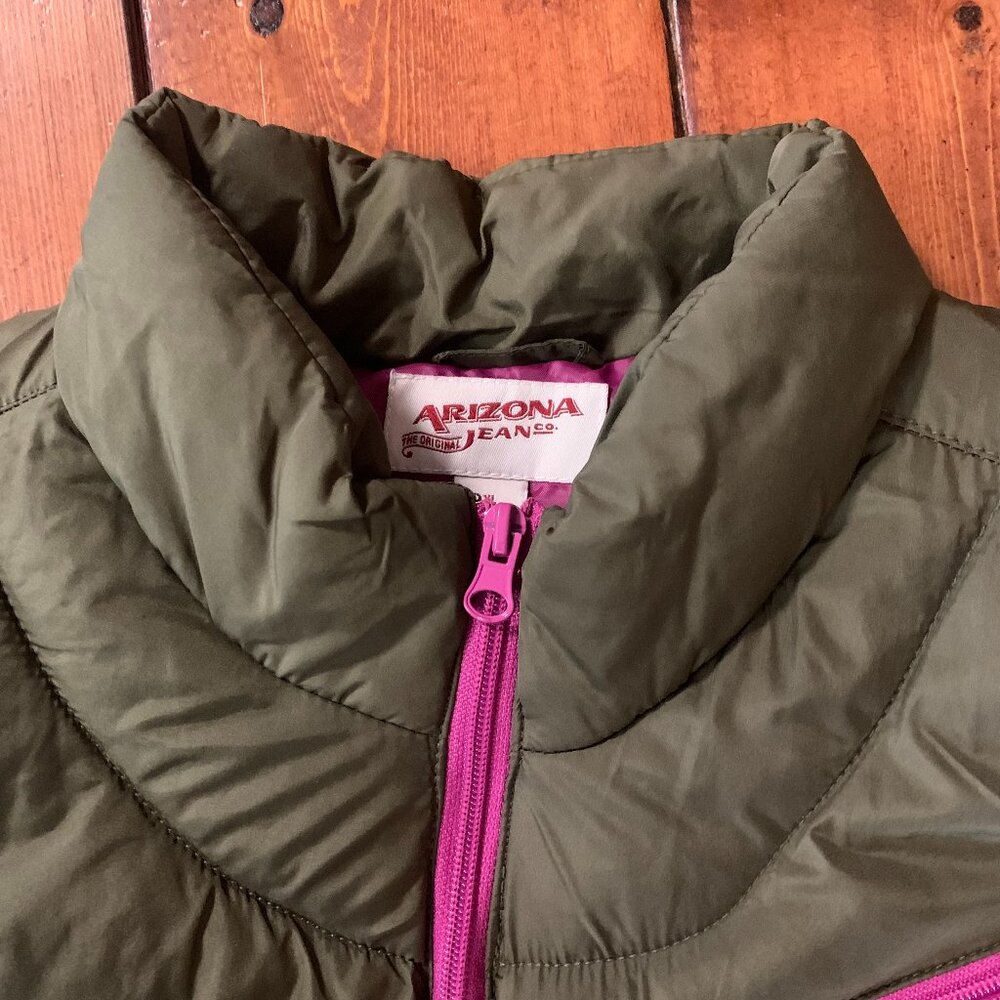 Arizona Olive Green & Pink Girls Juniors Full Zip X-Large Y2K Lined Puffer Vest - Picture 6 of 12